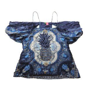 Farm Rio Women's M Blue Pineapple Floral Cold Shoulder Blouse Spaghetti Straps